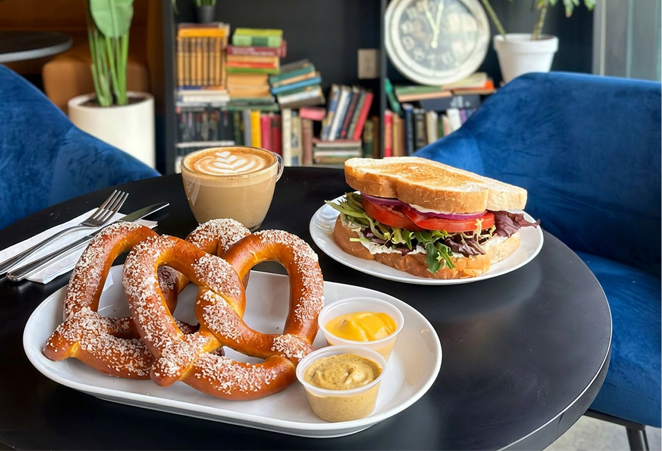 Pretzels, a sandwich, and coffee on a table inside Cupla Coffee's Salt Lake City location.